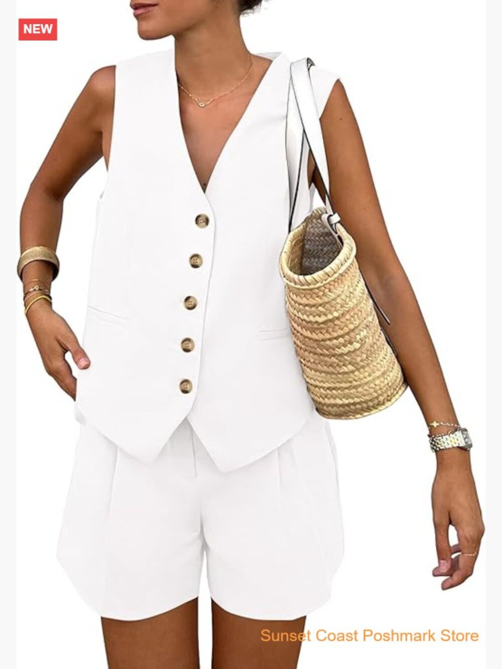 Women's 2 Piece Short Set Sleeveless Button Down Vest Waistcoat with Shorts